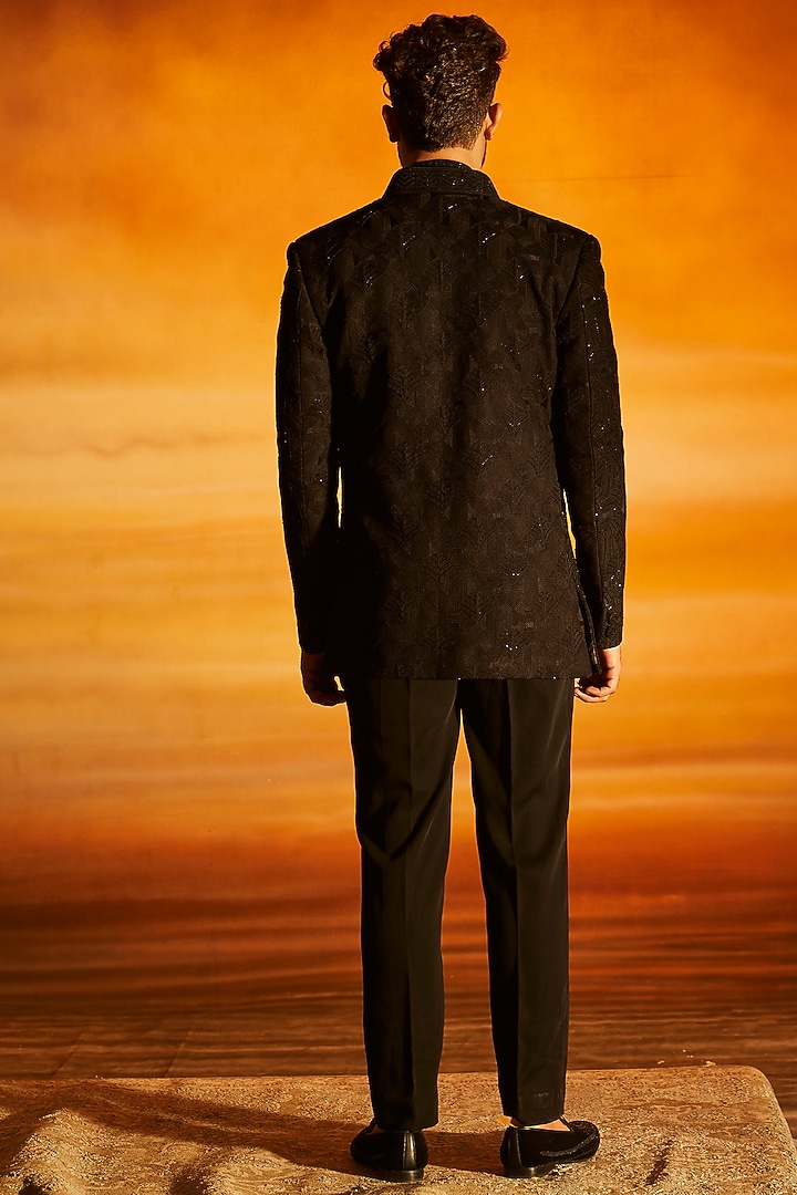 Black Silk Glass Bead Embroidered Groom Indowestern Set by Vanshik at Pernia's Pop Up Shop