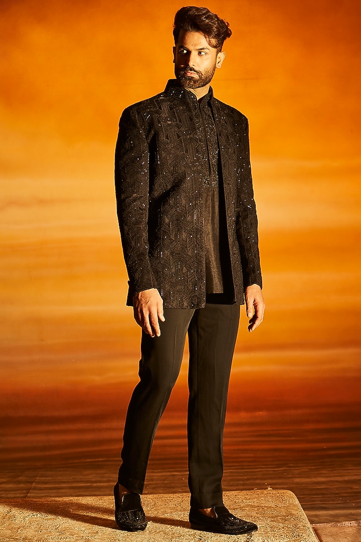 Black Silk Glass Bead Embroidered Groom Indowestern Set by Vanshik at Pernia's Pop Up Shop