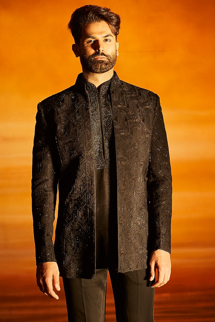 Black Silk Glass Bead Embroidered Groom Indowestern Set by Vanshik at Pernia's Pop Up Shop
