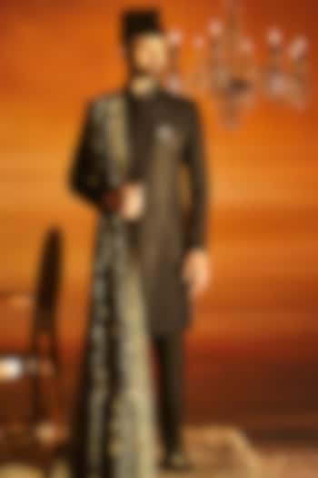 Black Pashmina Silk Hand Embroidered Sherwani Set by Vanshik