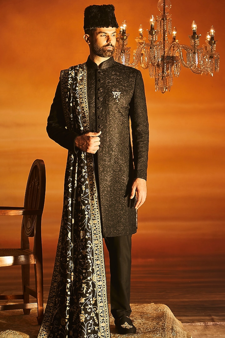 Black Pashmina Silk Hand Embroidered Sherwani Set by Vanshik