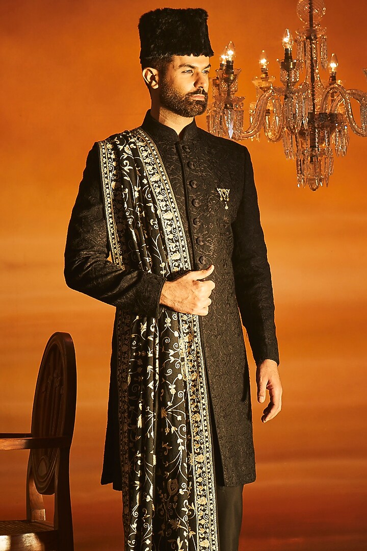 Black Pashmina Silk Hand Embroidered Groom Sherwani Set by Vanshik at Pernia's Pop Up Shop