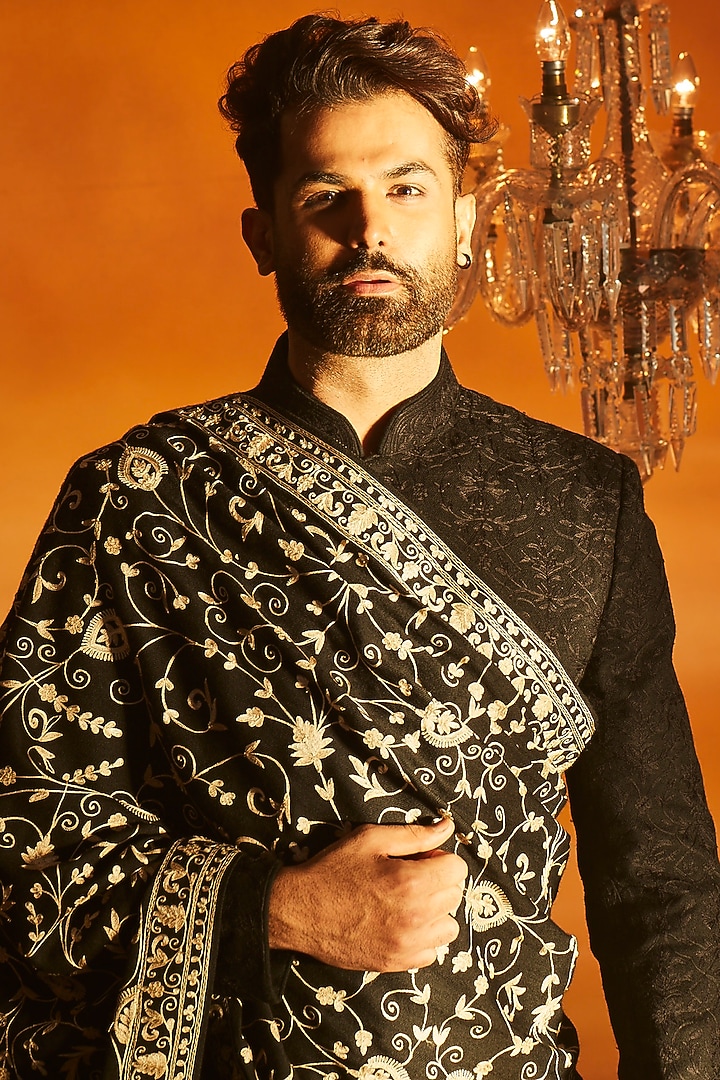 Black Pashmina Silk Hand Embroidered Groom Sherwani Set by Vanshik at Pernia's Pop Up Shop