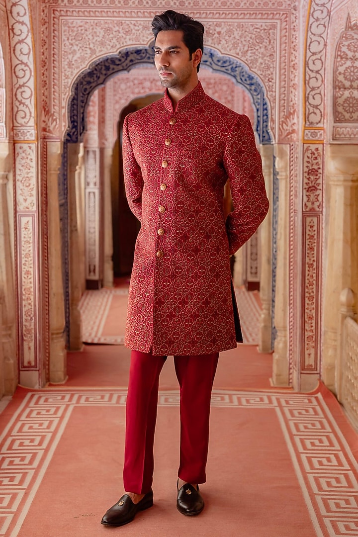 Vermillion Red Pashmina Kashmiri Embroidered Groom Sherwani Set by Vanshik at Pernia's Pop Up Shop