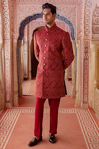 Vermillion Red Pashmina Kashmiri Embroidered Sherwani Set by Vanshik