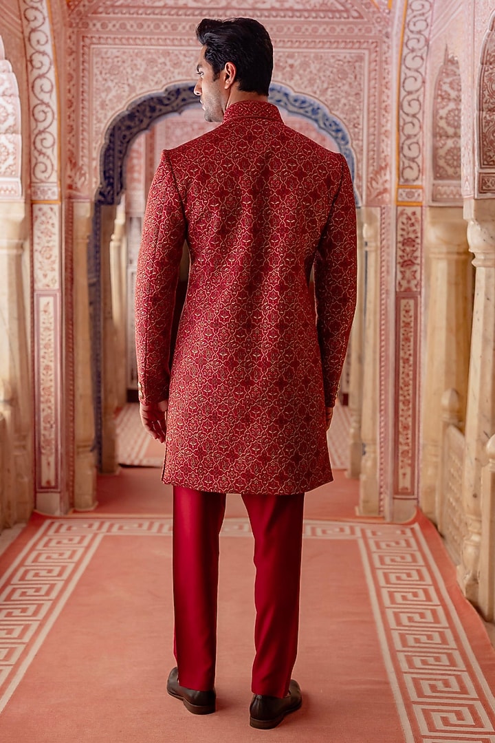 Vermillion Red Pashmina Kashmiri Embroidered Groom Sherwani Set by Vanshik at Pernia's Pop Up Shop