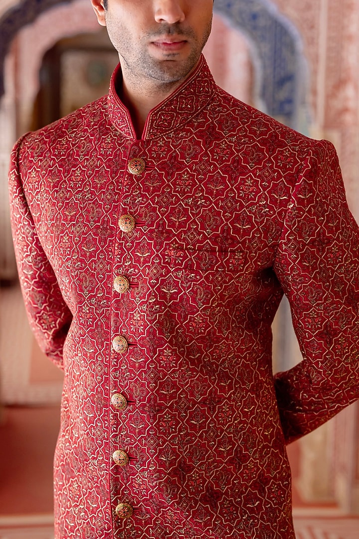 Vermillion Red Pashmina Kashmiri Embroidered Groom Sherwani Set by Vanshik at Pernia's Pop Up Shop