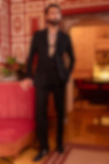 Black Raw Silk Groom Indowestern Set by Vanshik at Pernia's Pop Up Shop