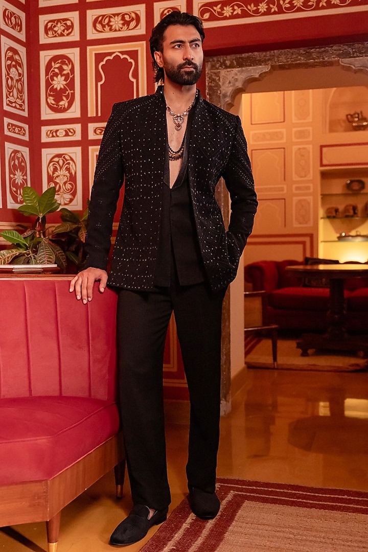 Black Raw Silk Groom Indowestern Set by Vanshik at Pernia's Pop Up Shop
