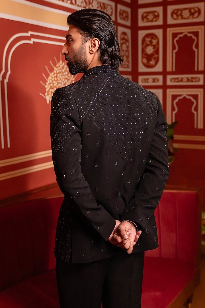 Black Raw Silk Groom Indowestern Set by Vanshik at Pernia's Pop Up Shop