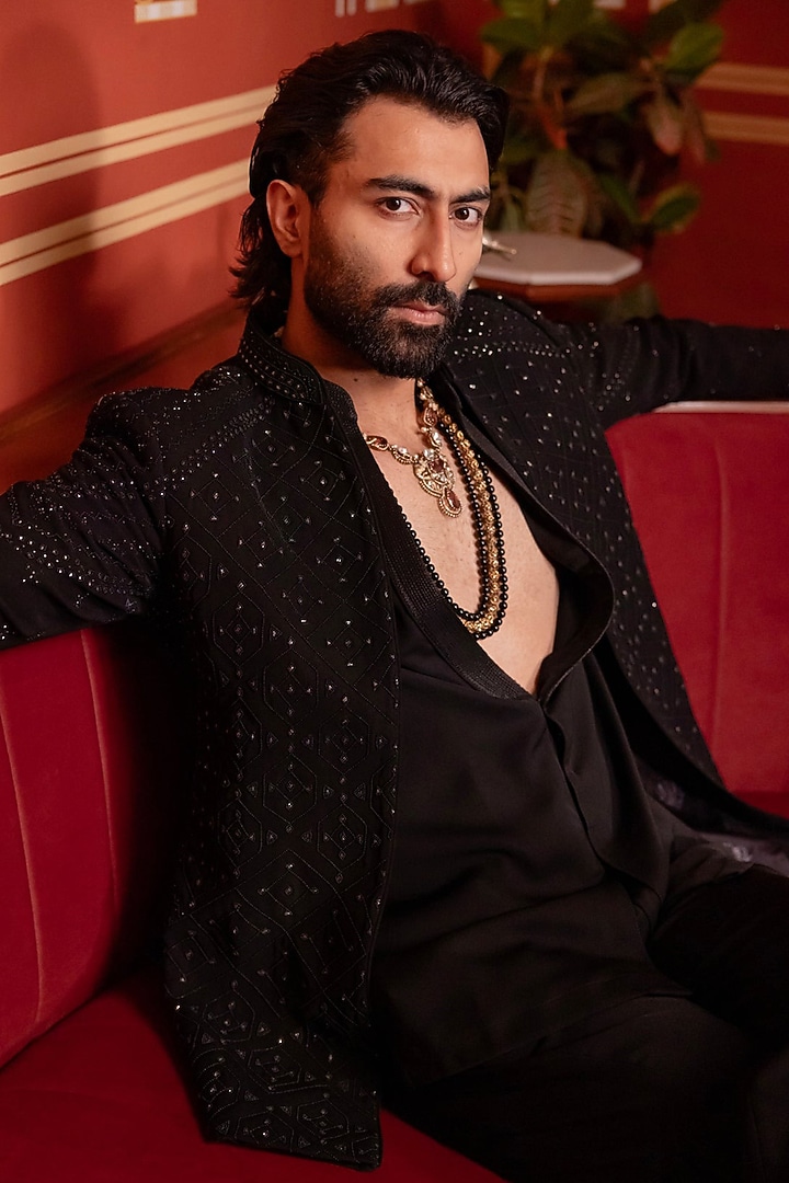 Black Raw Silk Groom Indowestern Set by Vanshik at Pernia's Pop Up Shop