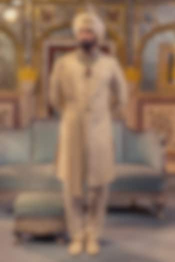 Pearl Ivory Raw Silk Groom Sherwani Set by Vanshik at Pernia's Pop Up Shop