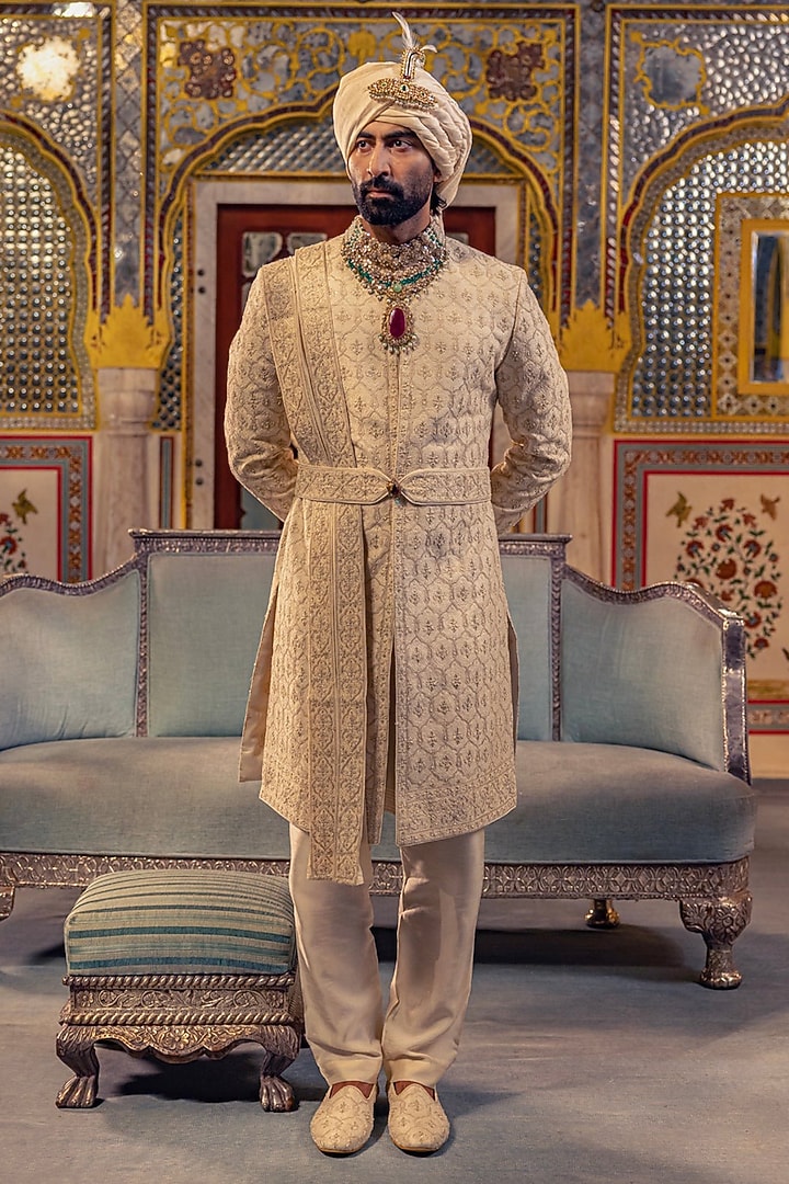 Pearl Ivory Raw Silk Groom Sherwani Set by Vanshik at Pernia's Pop Up Shop