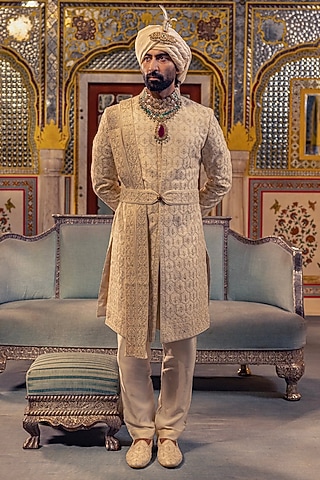 Pearl Ivory Raw Silk Sherwani Set by Vanshik