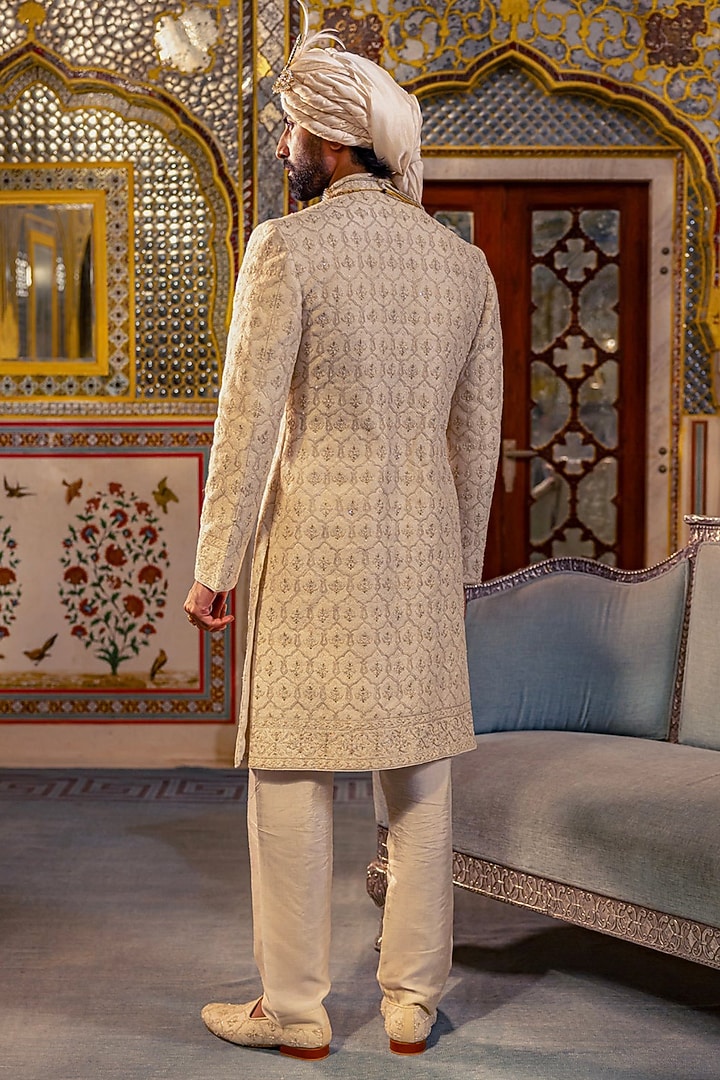 Pearl Ivory Raw Silk Groom Sherwani Set by Vanshik at Pernia's Pop Up Shop