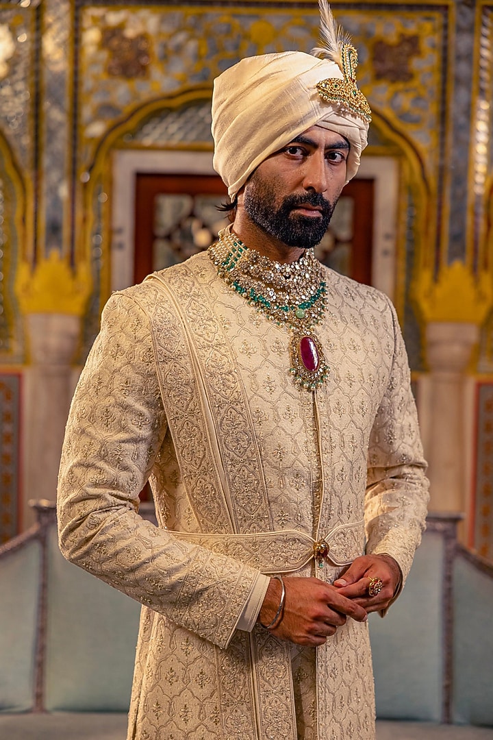 Pearl Ivory Raw Silk Groom Sherwani Set by Vanshik at Pernia's Pop Up Shop