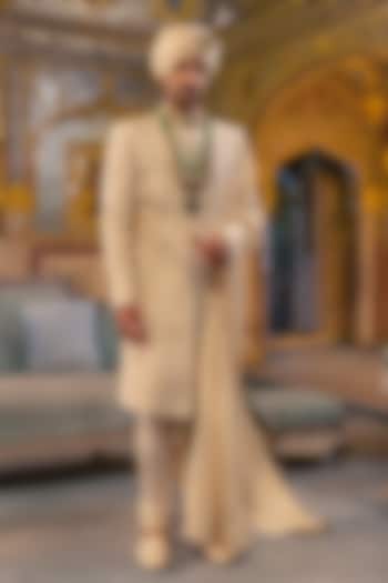 Pearl Ivory Raw Silk Groom Sherwani Set by Vanshik at Pernia's Pop Up Shop