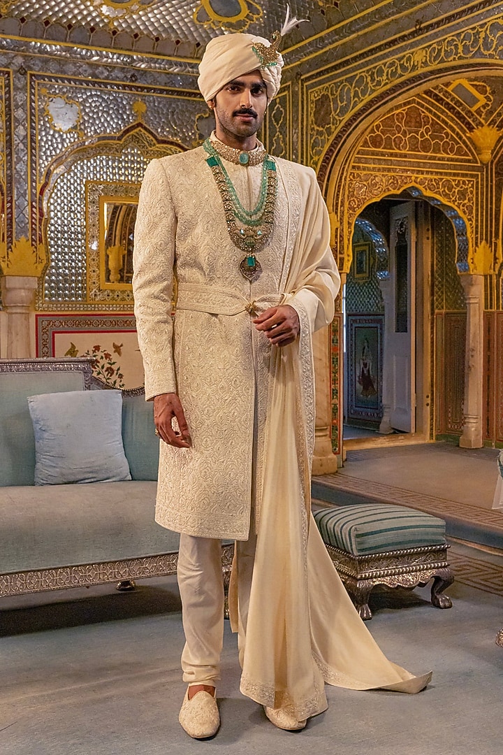 Pearl Ivory Raw Silk Groom Sherwani Set by Vanshik at Pernia's Pop Up Shop
