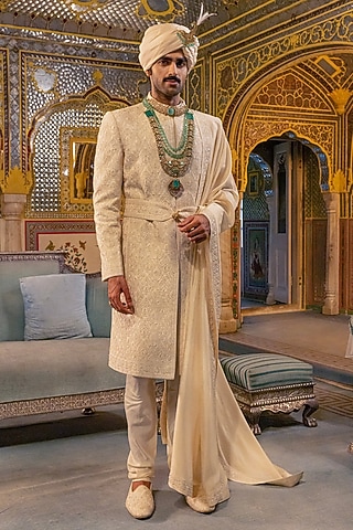 Pearl Ivory Raw Silk Sherwani Set by Vanshik