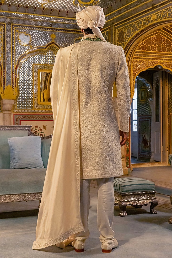 Pearl Ivory Raw Silk Groom Sherwani Set by Vanshik at Pernia's Pop Up Shop