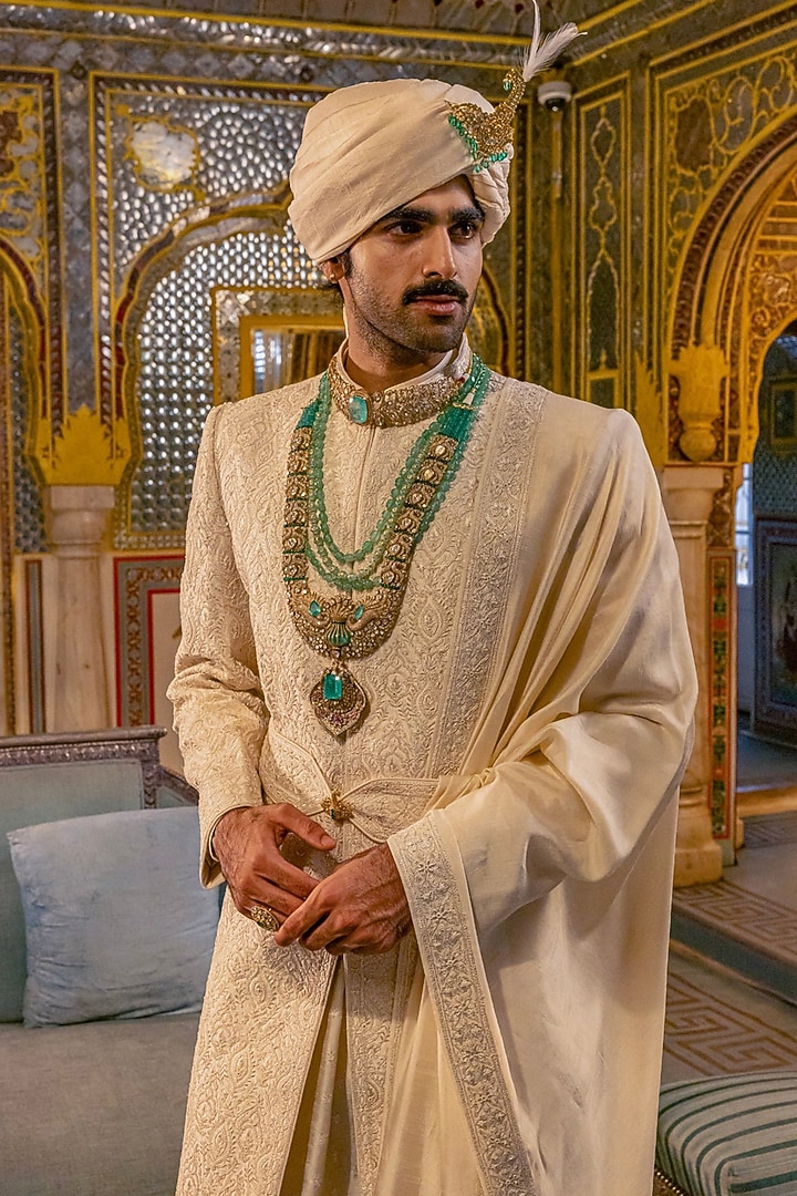 Pearl Ivory Raw Silk Groom Sherwani Set by Vanshik at Pernia's Pop Up Shop