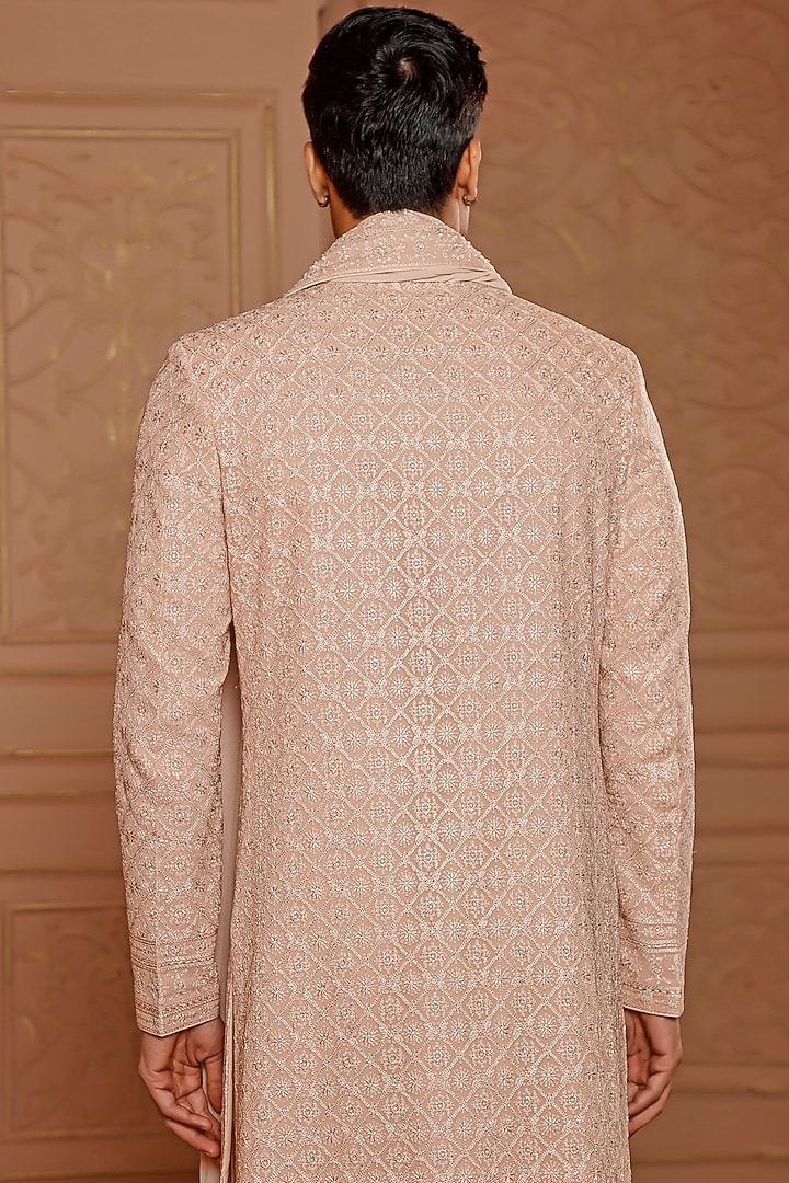 Blush Pink Georgette Resham Embroidered Wedding Sherwani Set by Vanshik at Pernia's Pop Up Shop