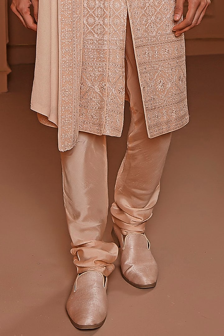 Blush Pink Georgette Resham Embroidered Wedding Sherwani Set by Vanshik at Pernia's Pop Up Shop