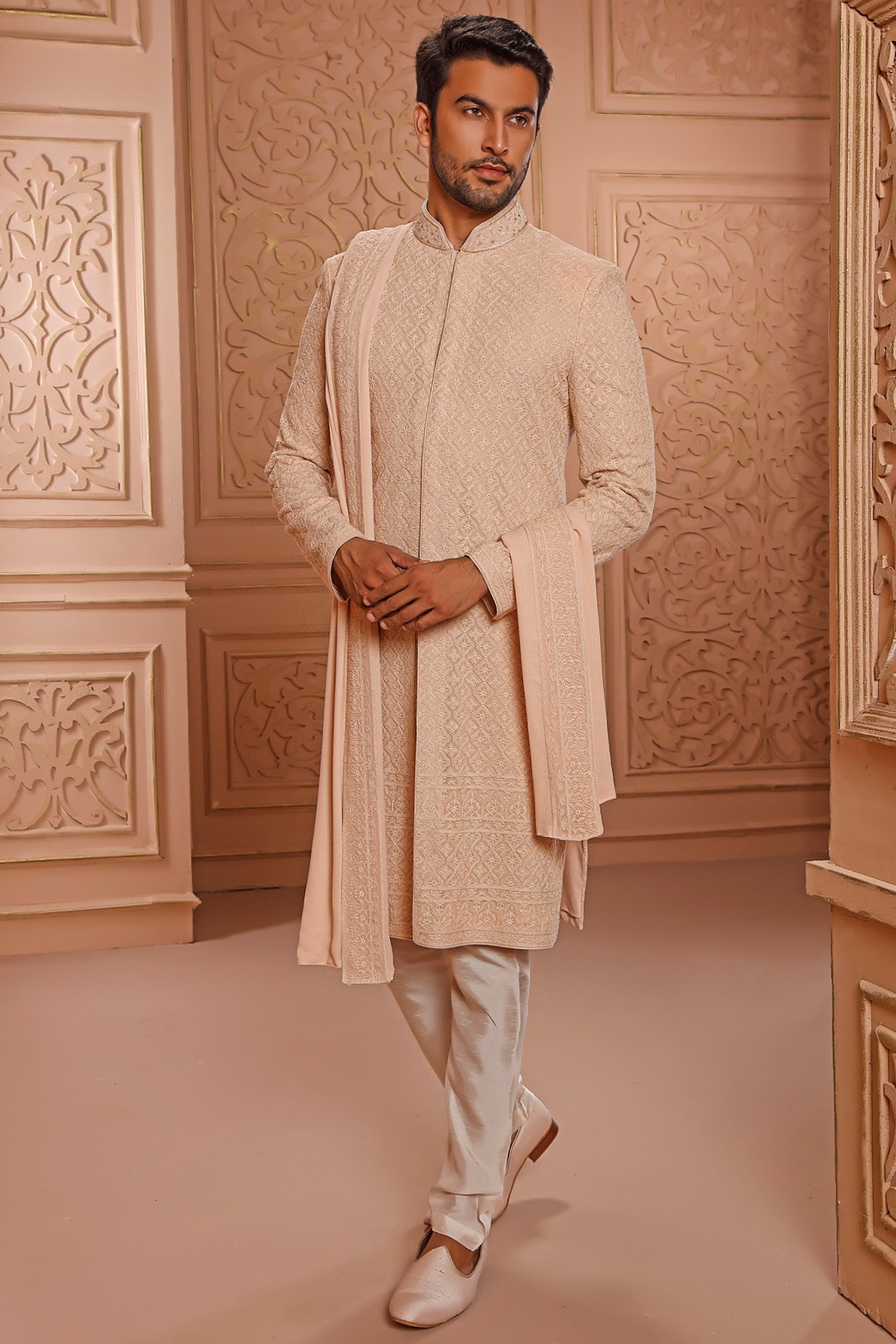 Three-Piece Sherwani in Raw Silk with Tikki Handwork in Light Gold - The HUB