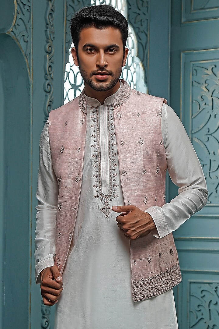 Pink Raw Silk Embroidered Wedding Indowestern Set by Vanshik at Pernia's Pop Up Shop