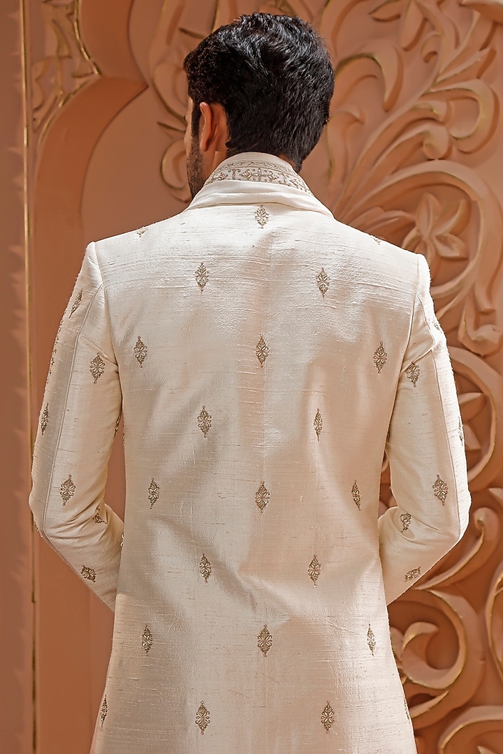 Ivory Raw Silk Zardosi Embroidered Groom Sherwani Set by Vanshik at Pernia's Pop Up Shop