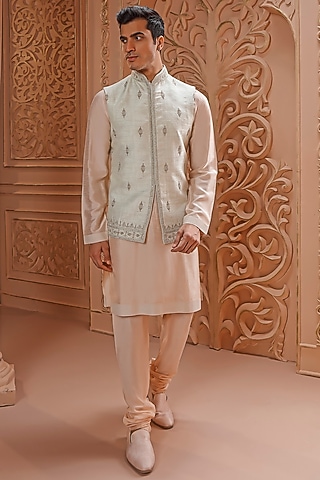 Mint Raw Silk Zardosi Embroidered Nehru Jacket Set by Vanshik