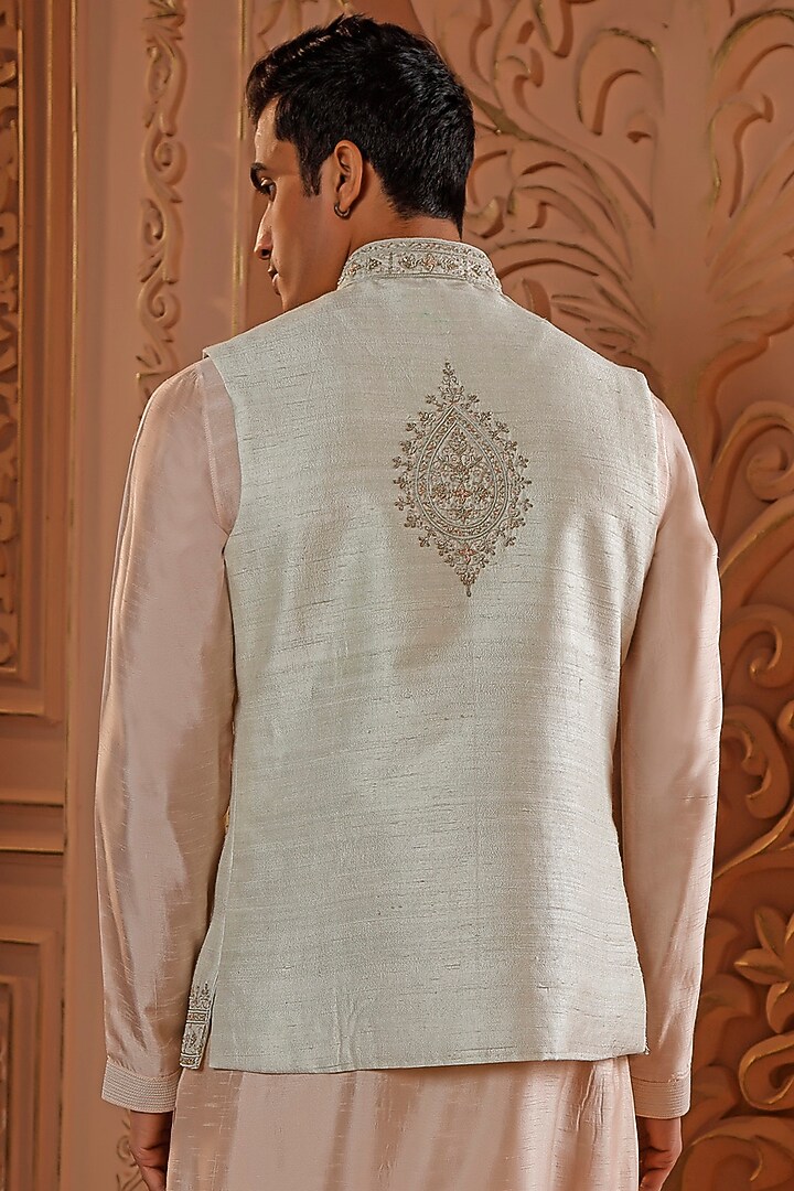 Mint Raw Silk Zardosi Embroidered Nehru Jacket Set by Vanshik at Pernia's Pop Up Shop