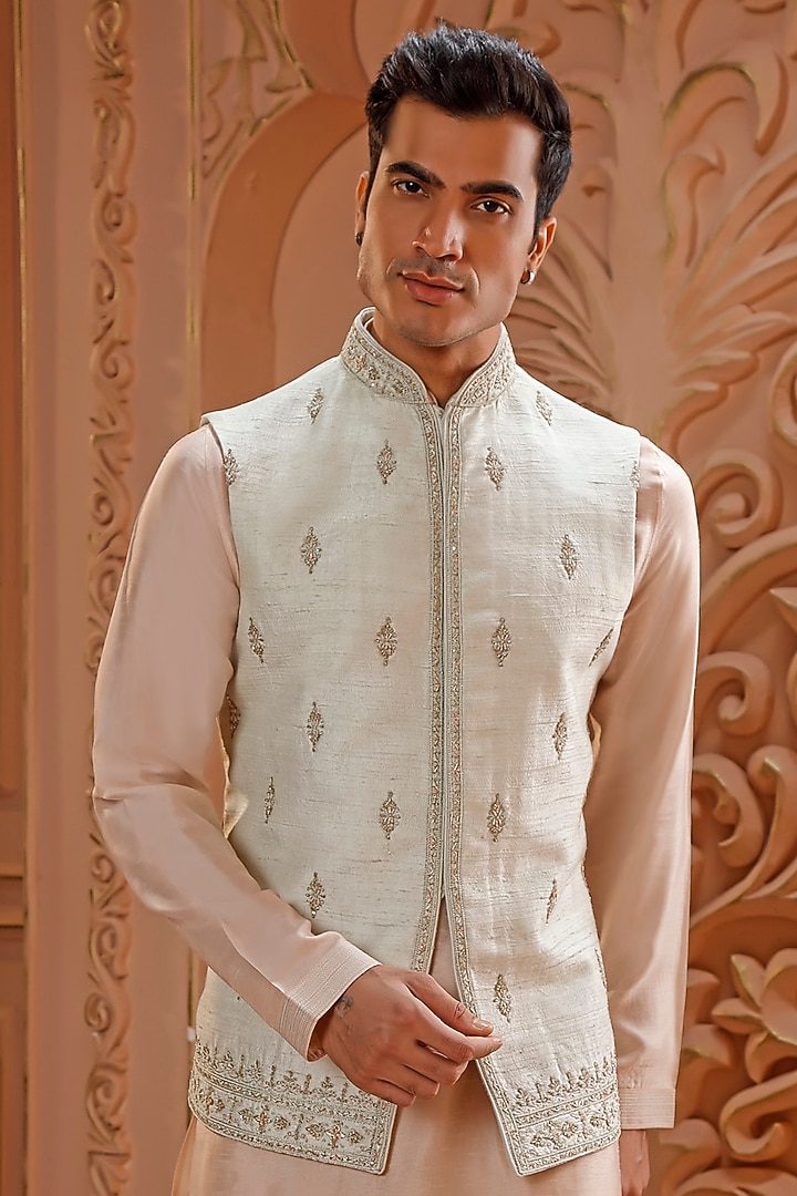 Mint Raw Silk Zardosi Embroidered Nehru Jacket Set by Vanshik at Pernia's Pop Up Shop