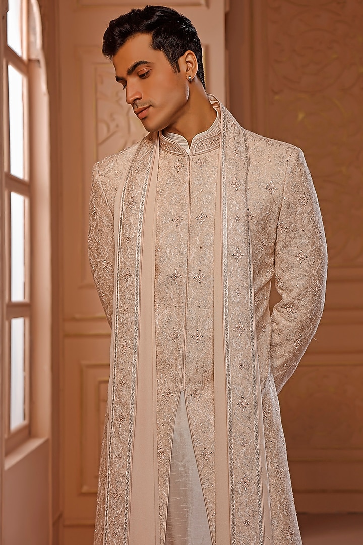 Blush Pink Mirror Embroidered Groom Sherwani Set by Vanshik at Pernia's Pop Up Shop