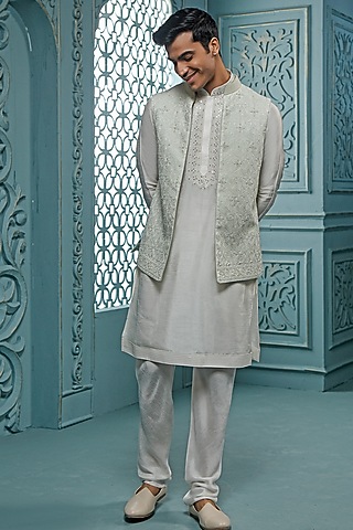 Mint Chanderi Embroidered Indowestern Set by Vanshik