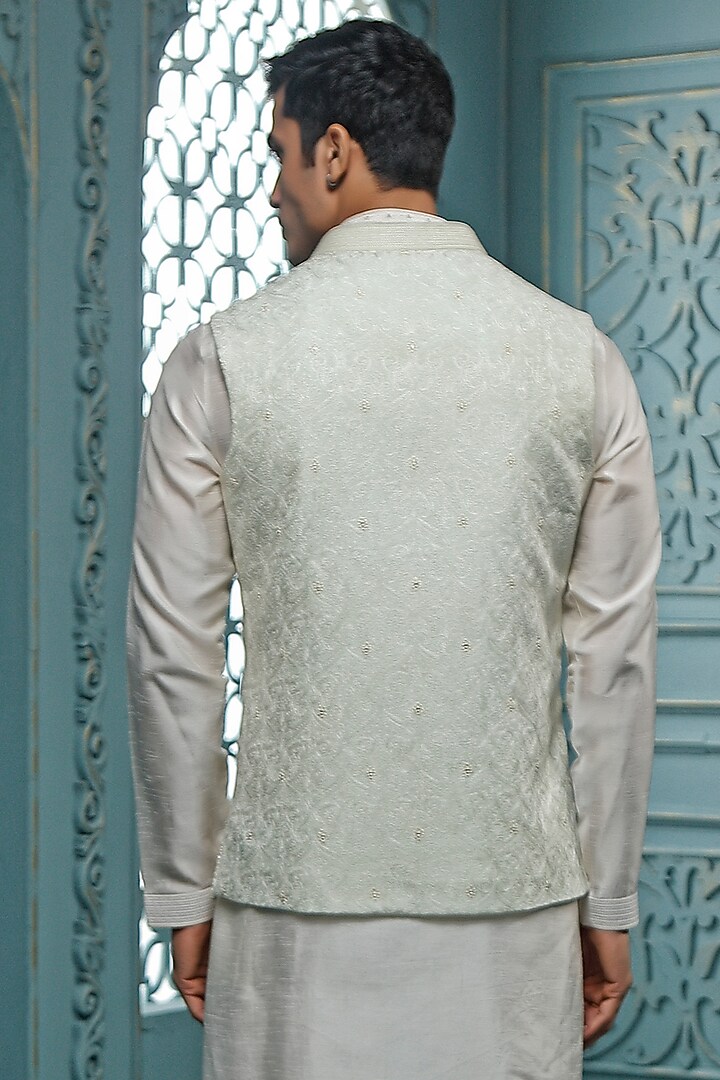 Mint Chanderi Embroidered Wedding Indowestern Set by Vanshik at Pernia's Pop Up Shop