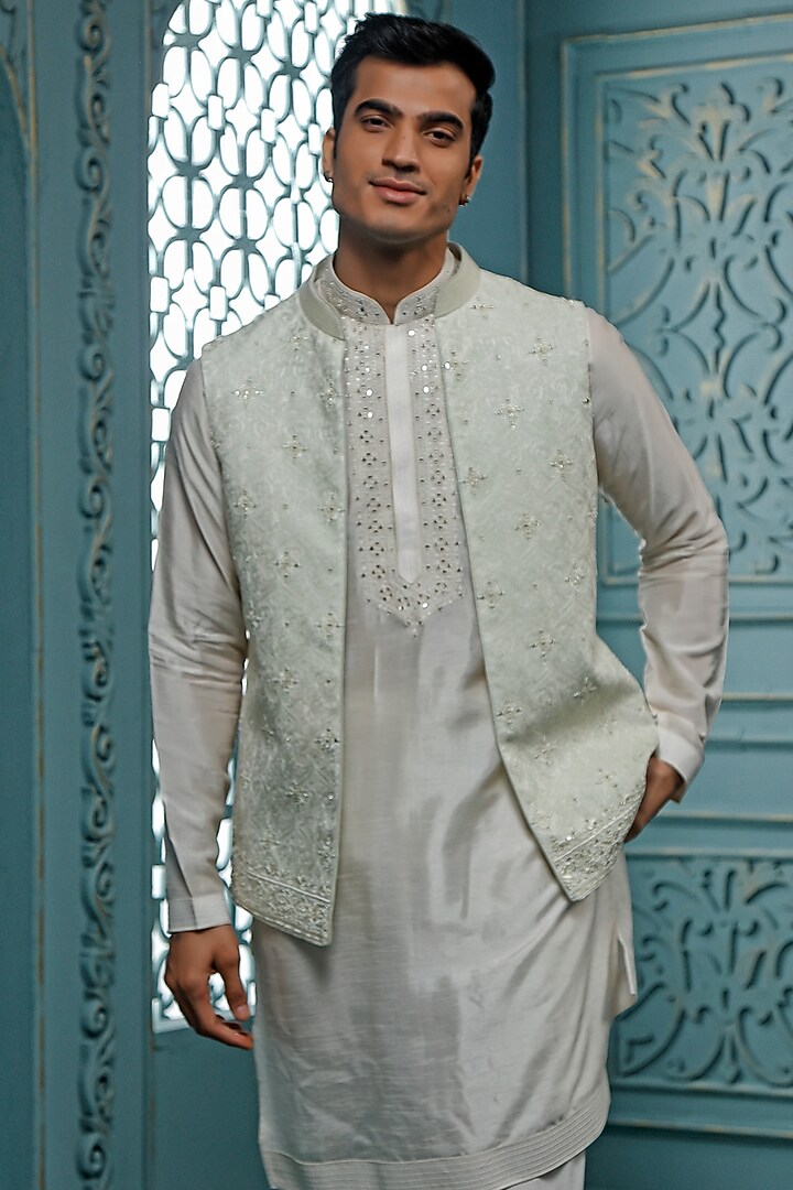 Mint Chanderi Embroidered Wedding Indowestern Set by Vanshik at Pernia's Pop Up Shop