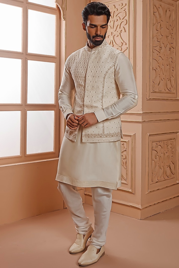 Cream Aari Embroidered Nehru Jacket With Kurta Set by Vanshik