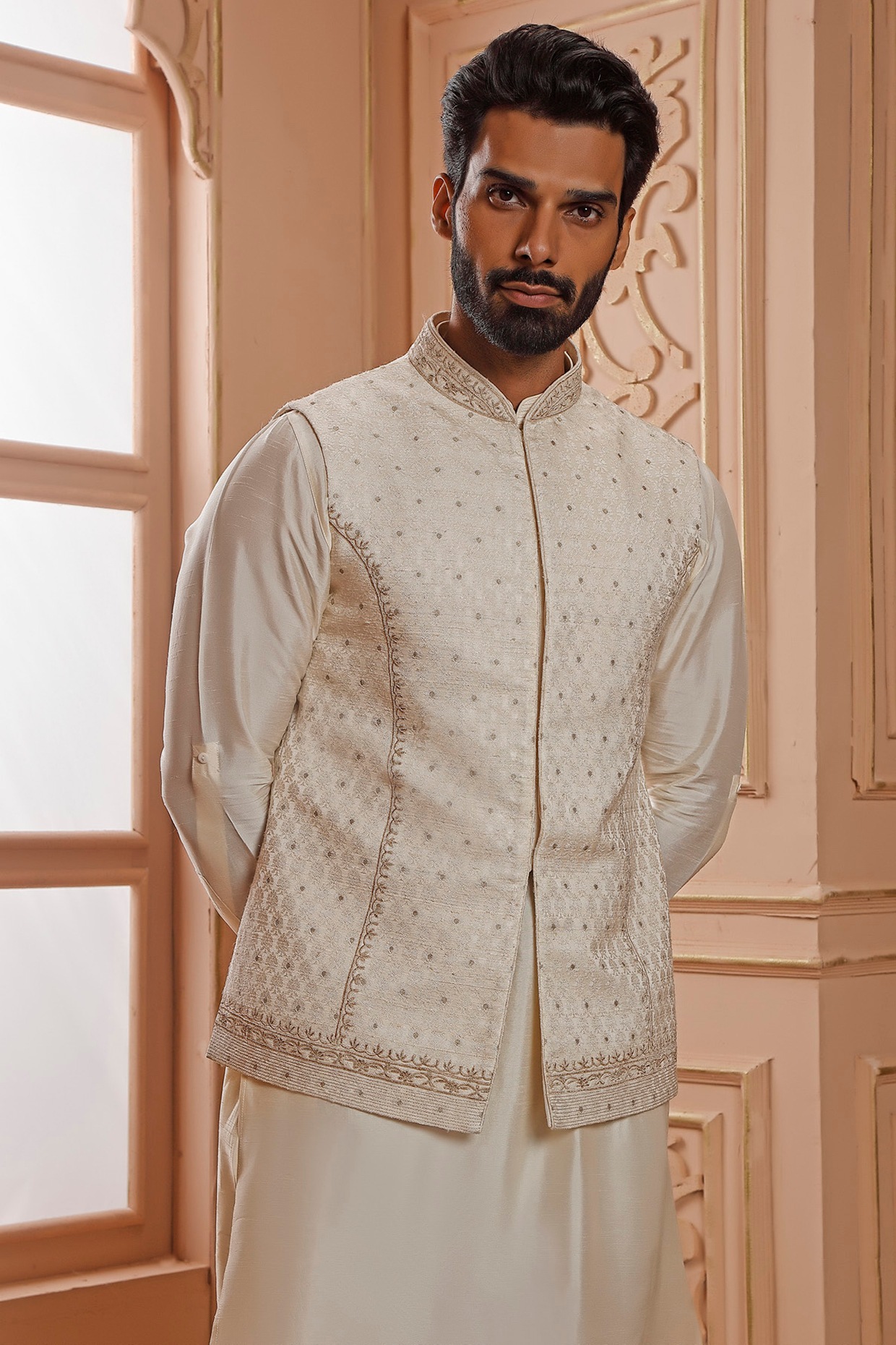 Solid Color Cotton Silk Nehru Jacket in Cream : MZJ16