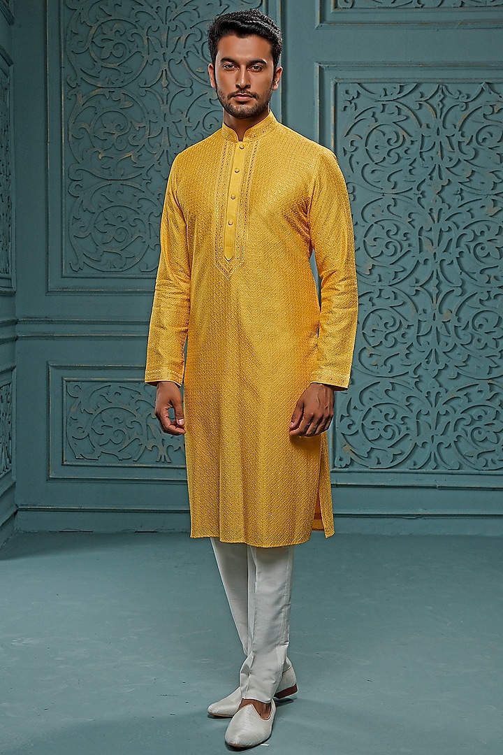 Mustard Embroidered Kurta Set by Vanshik