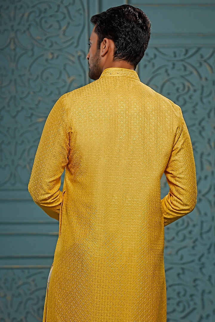 Mustard Lucknowi Silk Mirror Embroidered Kurta Set by Vanshik at Pernia's Pop Up Shop