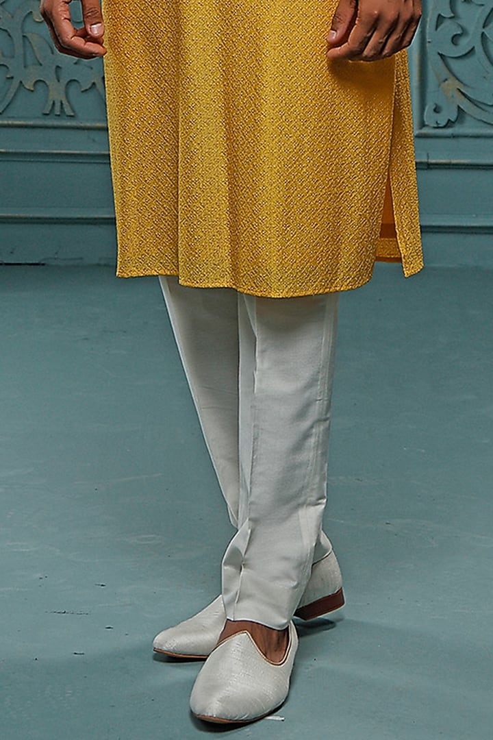 Mustard Lucknowi Silk Mirror Embroidered Kurta Set by Vanshik at Pernia's Pop Up Shop