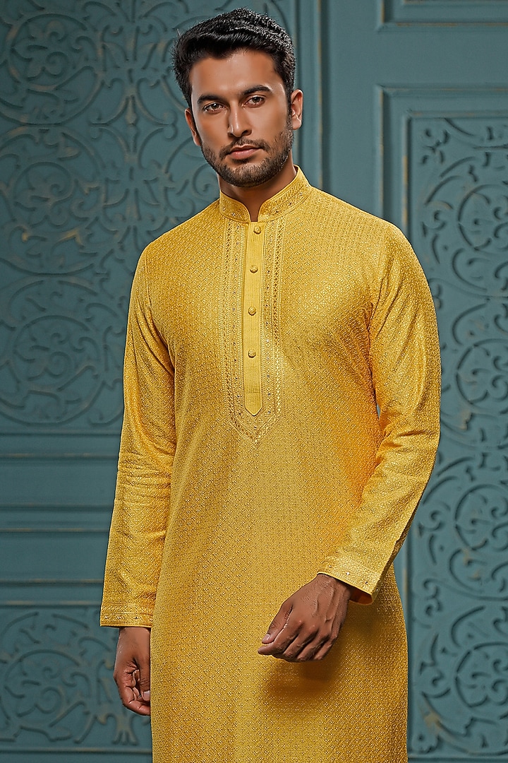 Mustard Lucknowi Silk Mirror Embroidered Kurta Set by Vanshik at Pernia's Pop Up Shop