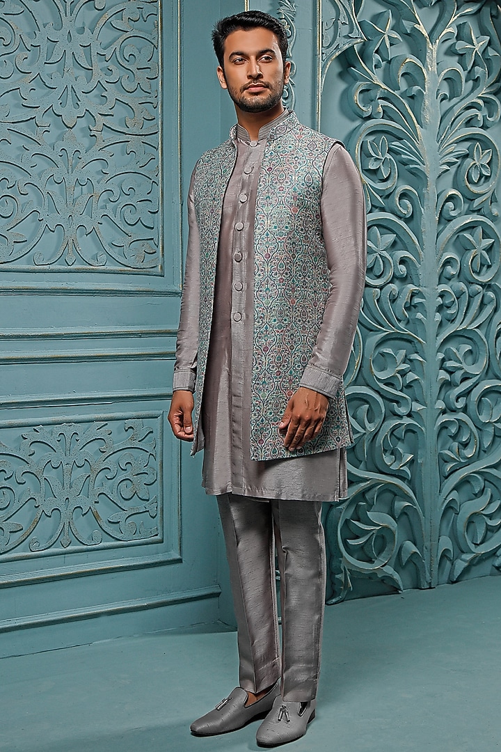 Mint & Grey Pashmina Indo-Western Set by Vanshik at Pernia's Pop Up Shop