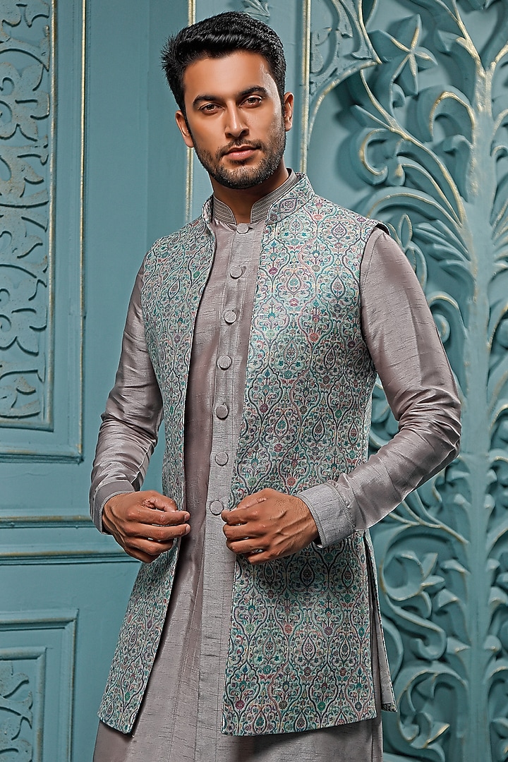Mint & Grey Pashmina Indo-Western Set by Vanshik at Pernia's Pop Up Shop