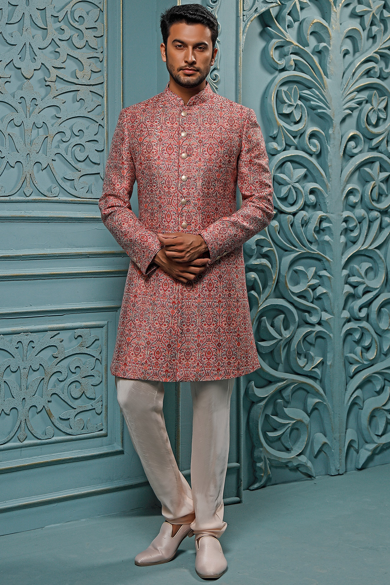 Pink Pashmina Wedding Sherwani Set by Vanshik at Pernia's Pop Up Shop