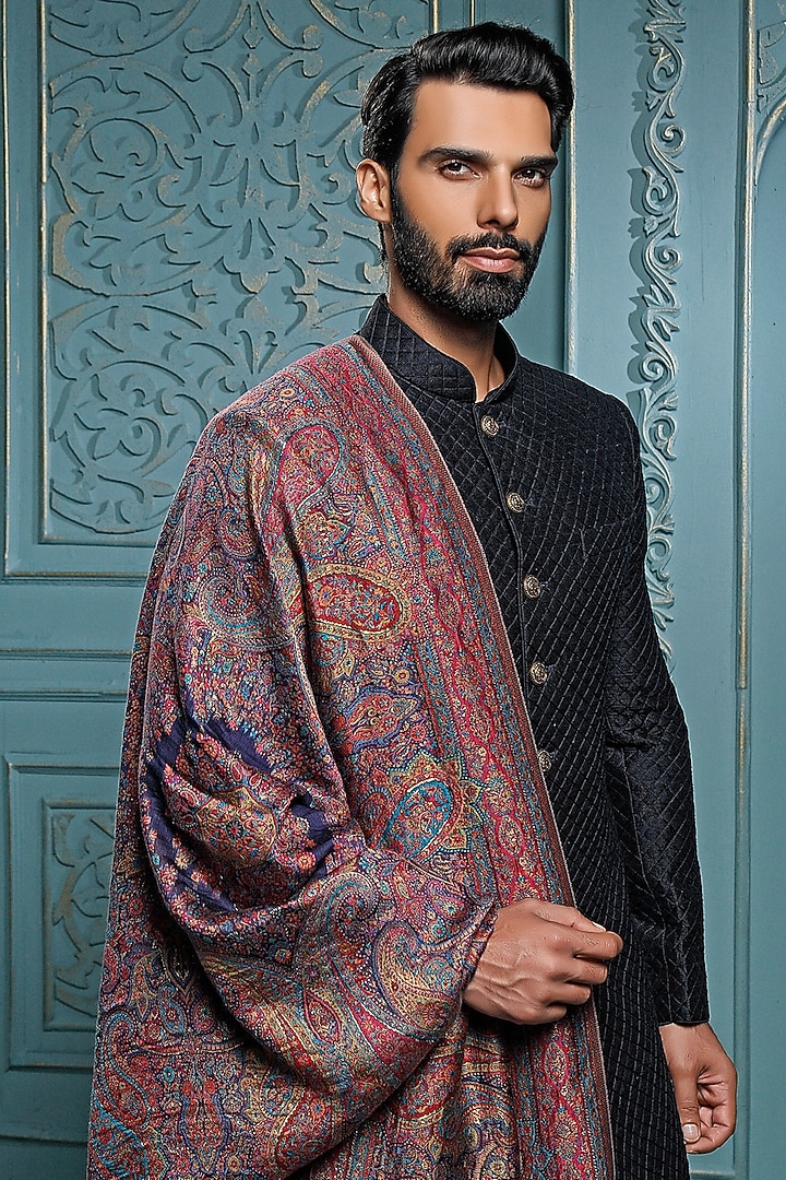 Black Raw Silk Wedding Sherwani Set by Vanshik at Pernia's Pop Up Shop