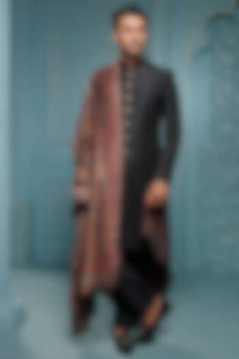 Black Raw Silk Sherwani Set by Vanshik