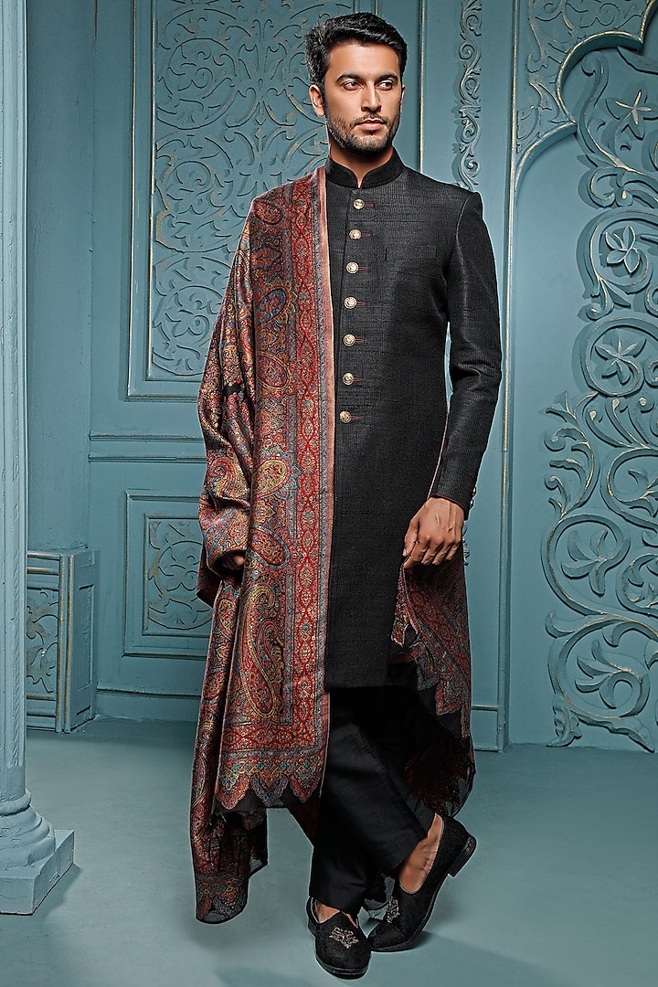 Black Raw Silk Sherwani Set by Vanshik