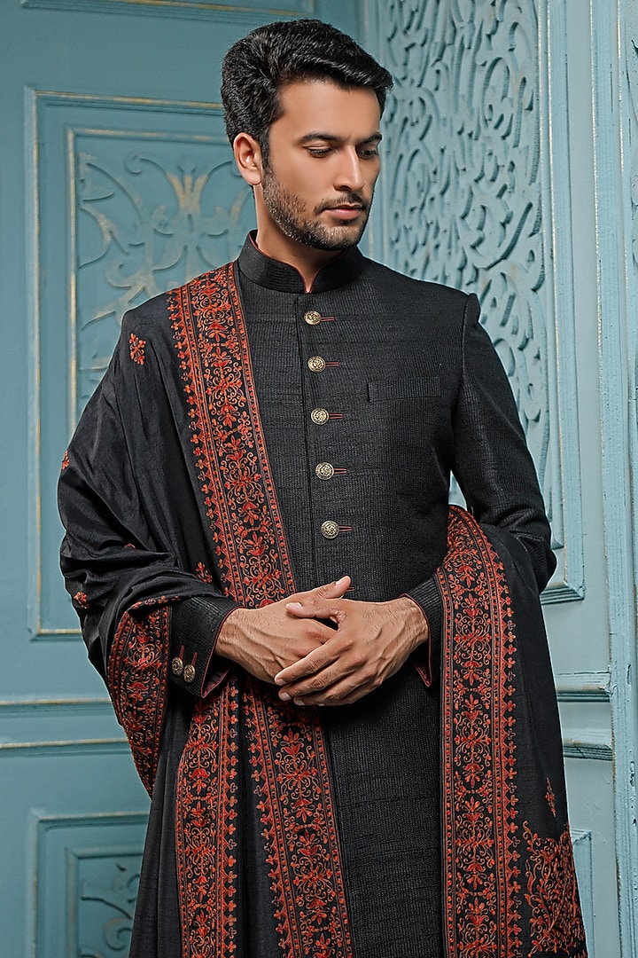 Black Raw Silk Jamewar Groom Sherwani Set by Vanshik at Pernia's Pop Up Shop